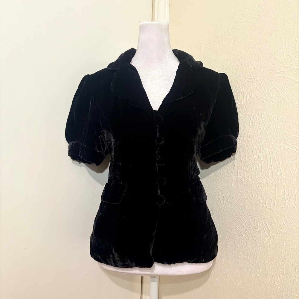 Black Velvet Silk Blend Short Puff Sleeve Button Up Blazer Jacket Gothic Chic M